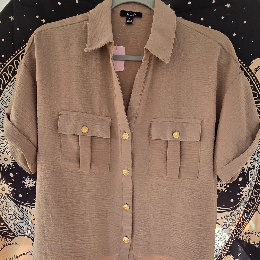 AUW Taupe Button-Down Short Sleeve Shirt with Gold Buttons